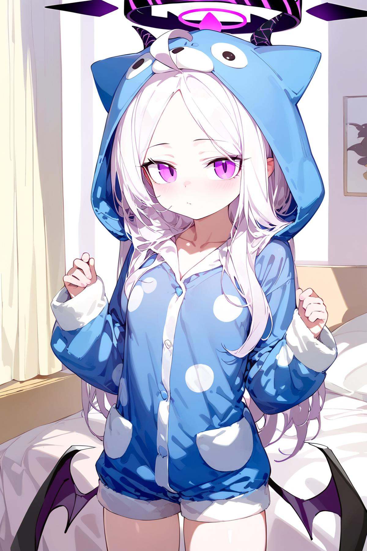 (very aesthetic),(masterpiece),(best quality),(ultra-detailed),(best illustration),(best shadow),(absurdres),(detailed background),1girl,hina_\(blue_archive\),solo,halo,wings,long_hair,purple_eyes,hood,horns,long_sleeves,shorts,pajamas,white_hair,blush,indoors,closed_mouth,looking_at_viewer,parted_bangs,low_wings,alternate_costume,collarbone,demon_wings,white_shorts,blue_pajamas,holding,ahoge,cowboy_shot,demon_horns,animal_hood,curtains,hood_up,bed,