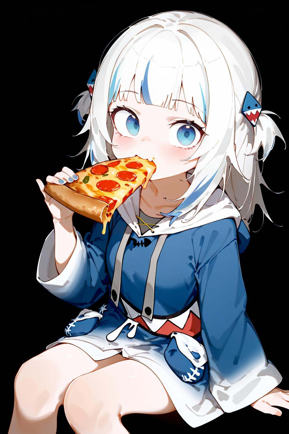 1girl,gawr gura \(1st costume\),hololive,sdhs,holding,holding food,holding pizza,pizza,eating,biting,black background,bare legs,looking at viewer,hood down,feet out of frame,wide-eyed,simple background,masterpiece,best quality,latest,