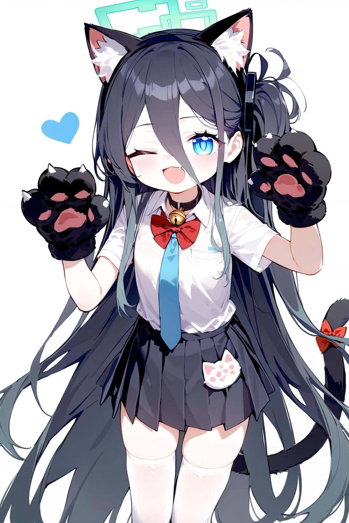 masterpiece,best quality,aris \(blue archive\), 1girl, animal ears, tail, animal hands, solo, paw gloves, one eye closed, long hair, cat tail, heart, gloves, skirt, very long hair, halo, white background, cat ears, bell, blue eyes, simple background, thighhighs, bow, pleated skirt, hair between eyes, fake animal ears, shirt, tail ornament, tail bow, red bow, necktie, black skirt, jingle bell, white shirt, looking at viewer, smile, one side up, black hair, absurdly long hair, open mouth, hairband, bangs, white thighhighs, neck bell, black hairband, short sleeves, bowtie, cat paws, collared shirt, ;d, blush, red bowtie, school uniform, cat girl, standing, feet out of frame, collar, paw pose, animal ear fluff, blue necktie, fang
