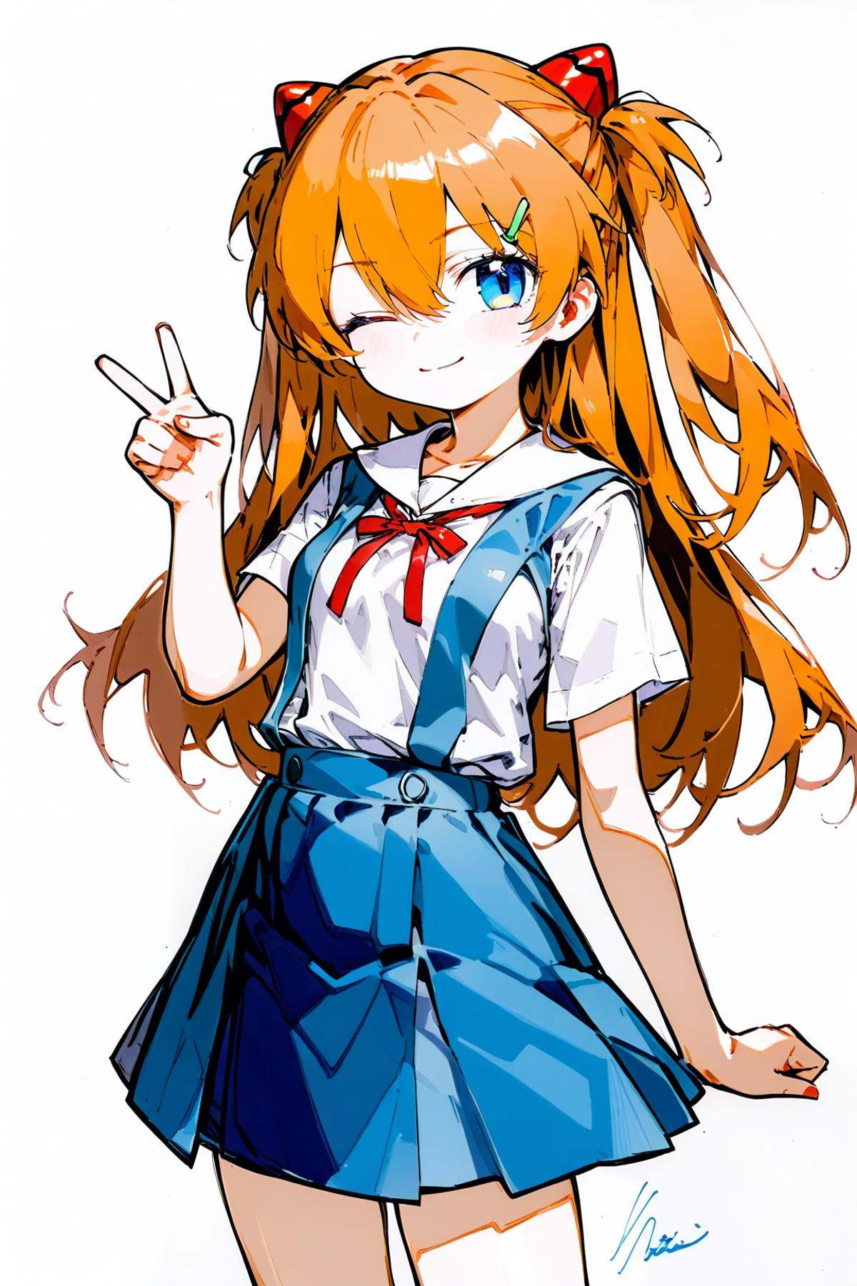 (masterpiece, best quality, 1girl,souryuu asuka langley,solo,long hair,school uniform,blue eyes,smile,white background,ribbon,shirt,simple background,v,one eye closed,orange hair,short sleeves,skirt,red ribbon,neck ribbon,white shirt,bangs,hair between eyes,looking at viewer,tokyo-3 middle school uniform,signature,closed mouth,two side up,hair ornament,suspender skirt,interface headset,suspenders,traditional media,cowboy shot,blue skirt,