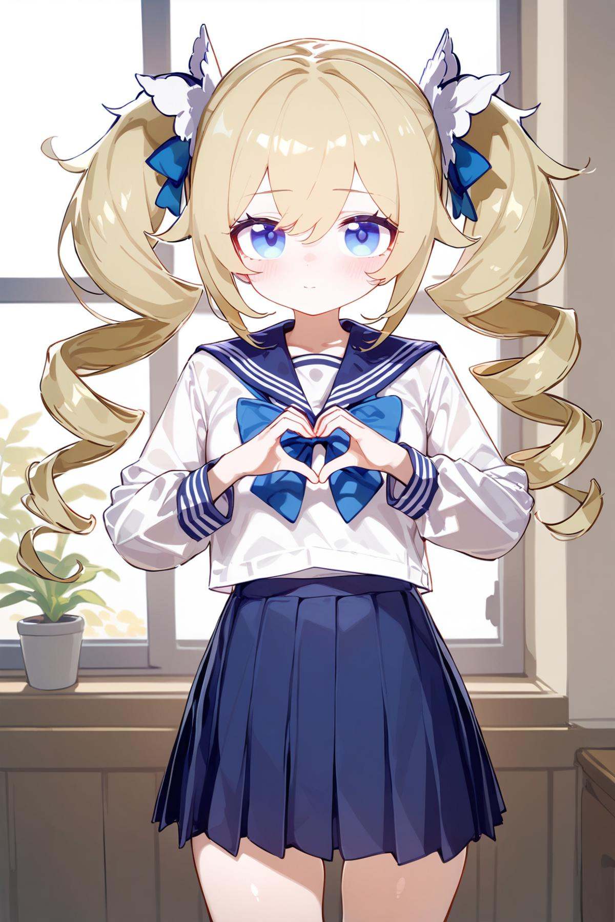 masterpiece,best quality,1girl, barbara_\(genshin_impact\), solo, skirt, school_uniform, heart, heart_hands, blue_eyes, blonde_hair, sailor_collar, pleated_skirt, twintails, blue_skirt, long_sleeves, serafuku, bow, white_shirt, twin_drills, blue_sailor_collar, drill_hair, shirt, looking_at_viewer, window, alternate_costume, blue_bow, closed_mouth, long_hair, indoors, bowtie, blush, plant, hair_between_eyes, cowboy_shot, blue_bowtie, standing, potted_plant