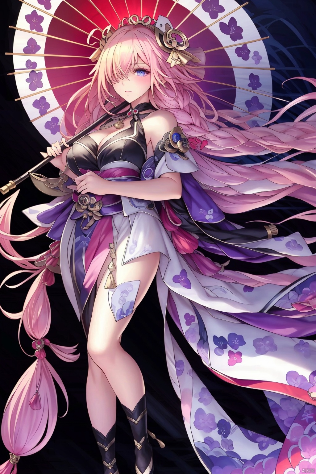 1girl solo long hair breasts looking at viewer blue eyes hair ornament holding cleavage bare shoulders very long hair standing full body pink hair flower japanese clothes hair over one eye bell umbrella black background holding umbrella oil-paper umbrella