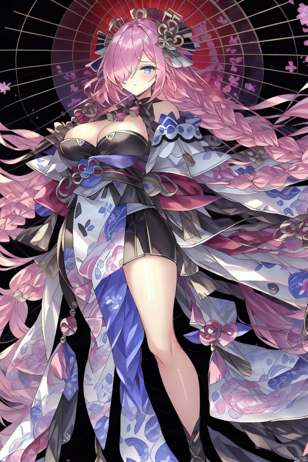1girl solo long hair breasts looking at viewer blue eyes hair ornament holding cleavage bare shoulders very long hair standing full body pink hair flower japanese clothes hair over one eye bell umbrella black background holding umbrella oil-paper umbrella