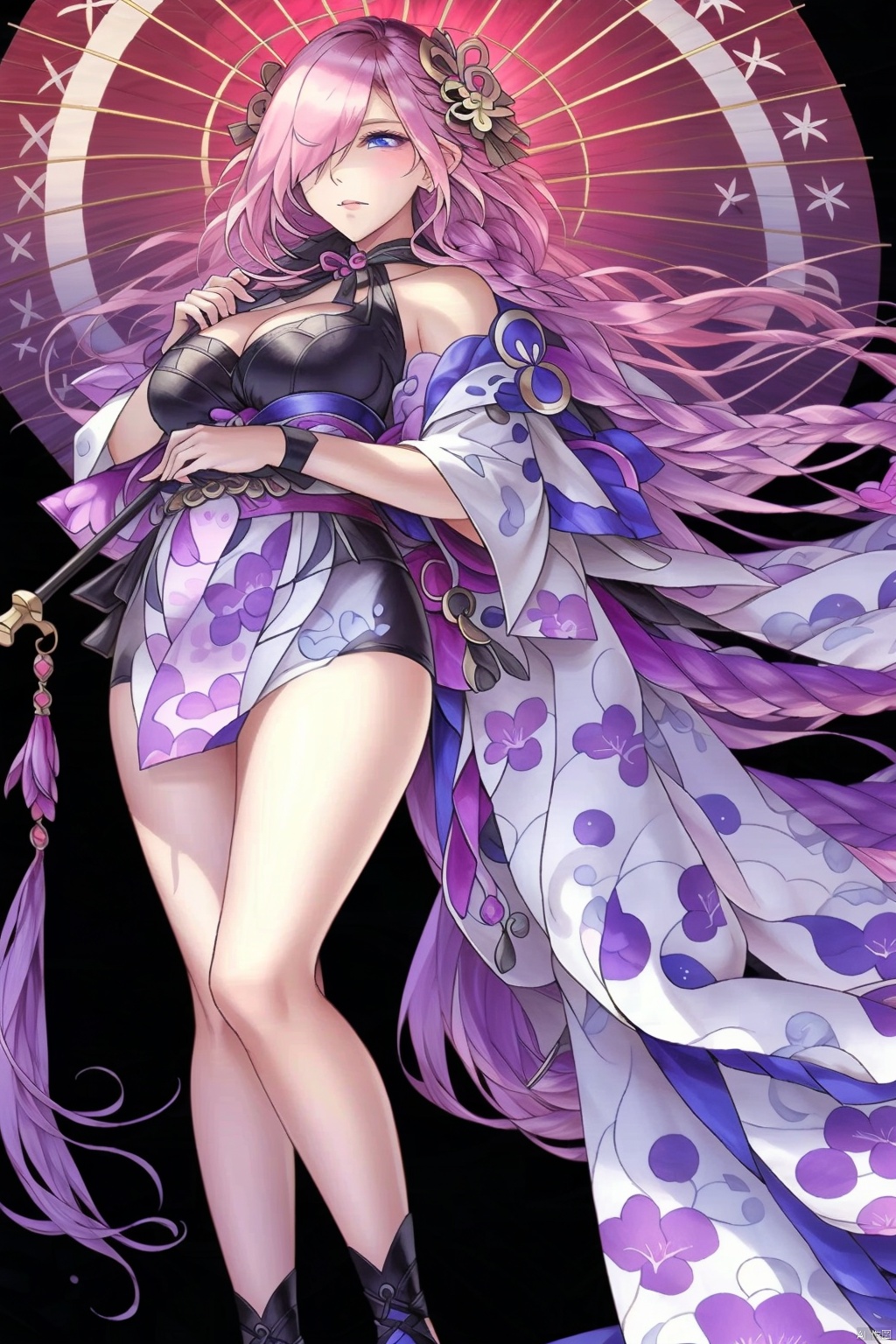 1girl solo long hair breasts looking at viewer blue eyes hair ornament holding cleavage bare shoulders very long hair standing full body pink hair flower japanese clothes hair over one eye bell umbrella black background holding umbrella oil-paper umbrella