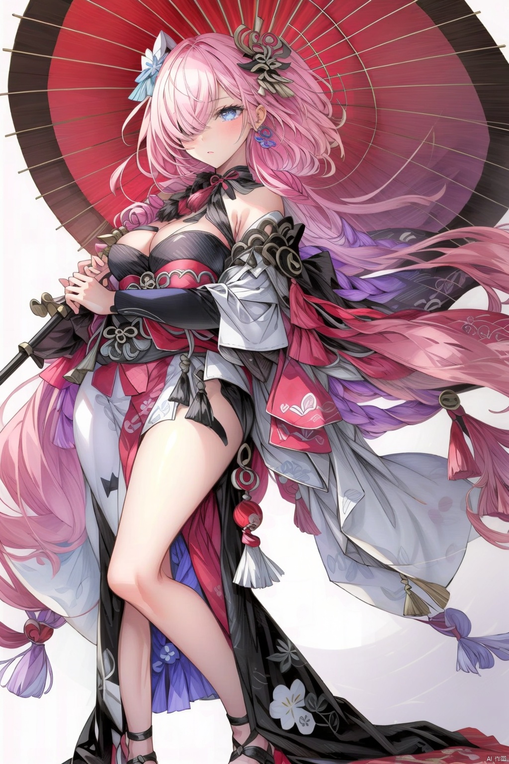1girl solo long hair breasts looking at viewer blue eyes hair ornament holding cleavage bare shoulders very long hair standing full body pink hair flower japanese clothes hair over one eye bell umbrella black background holding umbrella oil-paper umbrella
