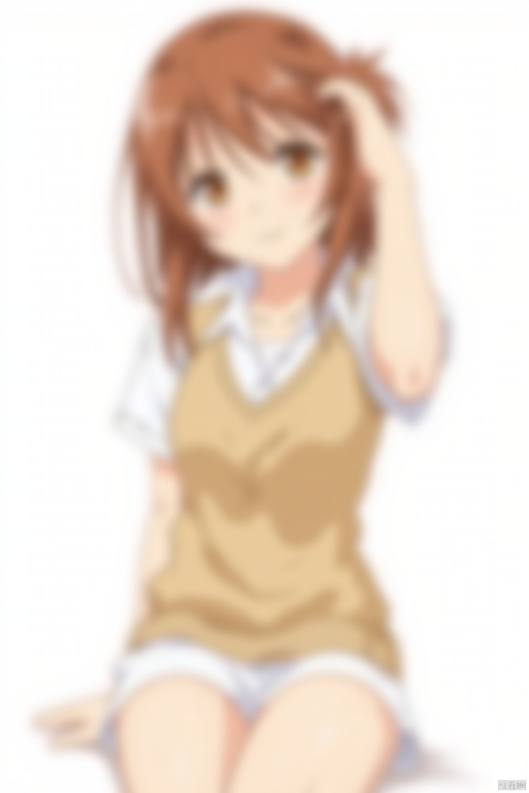 A high-quality, detailed image of Misaka Mikoto from Toaru Majutsu no Index, wearing her Tokiwadai summer school uniform. She has medium brown hair with strands between her eyes, and brown ringed eyes. Mikoto is dressed in a white collared shirt with short sleeves, paired with a brown sweater vest and white shorts. She sits on a simple, white background, with one hand in her hair and a subtle smile, looking directly at the viewer. The image focuses on her upper body, showcasing her medium breasts under a v-neck sweater vest. The lighting is soft, highlighting her shiny skin, and the composition is centered on her, creating a very aesthetic and high-quality masterpiece.