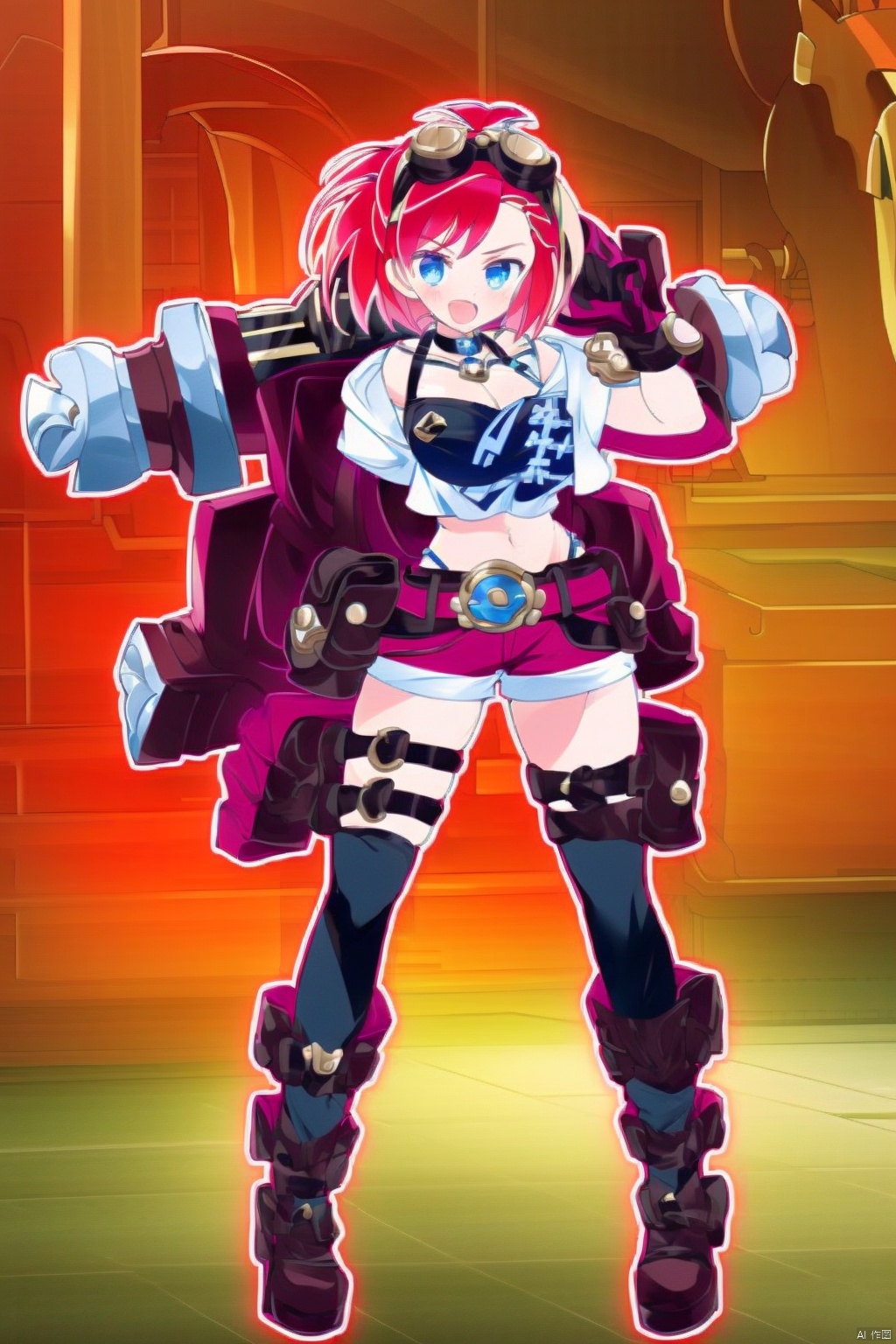 1girl
solo
looking at viewer
smile
short hair
open mouth
blue eyes
shirt
thighhighs
gloves
navel
holding
standing
full body
weapon
:d
red hair
boots
shorts
choker
midriff
belt
indoors
white thighhighs
short shorts
thigh strap
knee boots
goggles
goggles on head
red shorts
huge weapon
hammer
wrench
steampunk
