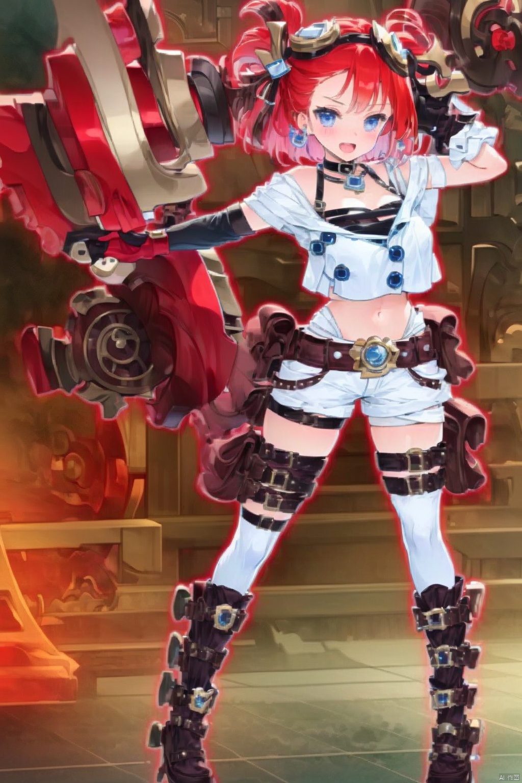 1girl
solo
looking at viewer
smile
short hair
open mouth
blue eyes
shirt
thighhighs
gloves
navel
holding
standing
full body
weapon
:d
red hair
boots
shorts
choker
midriff
belt
indoors
white thighhighs
short shorts
thigh strap
knee boots
goggles
goggles on head
red shorts
huge weapon
hammer
wrench
steampunk