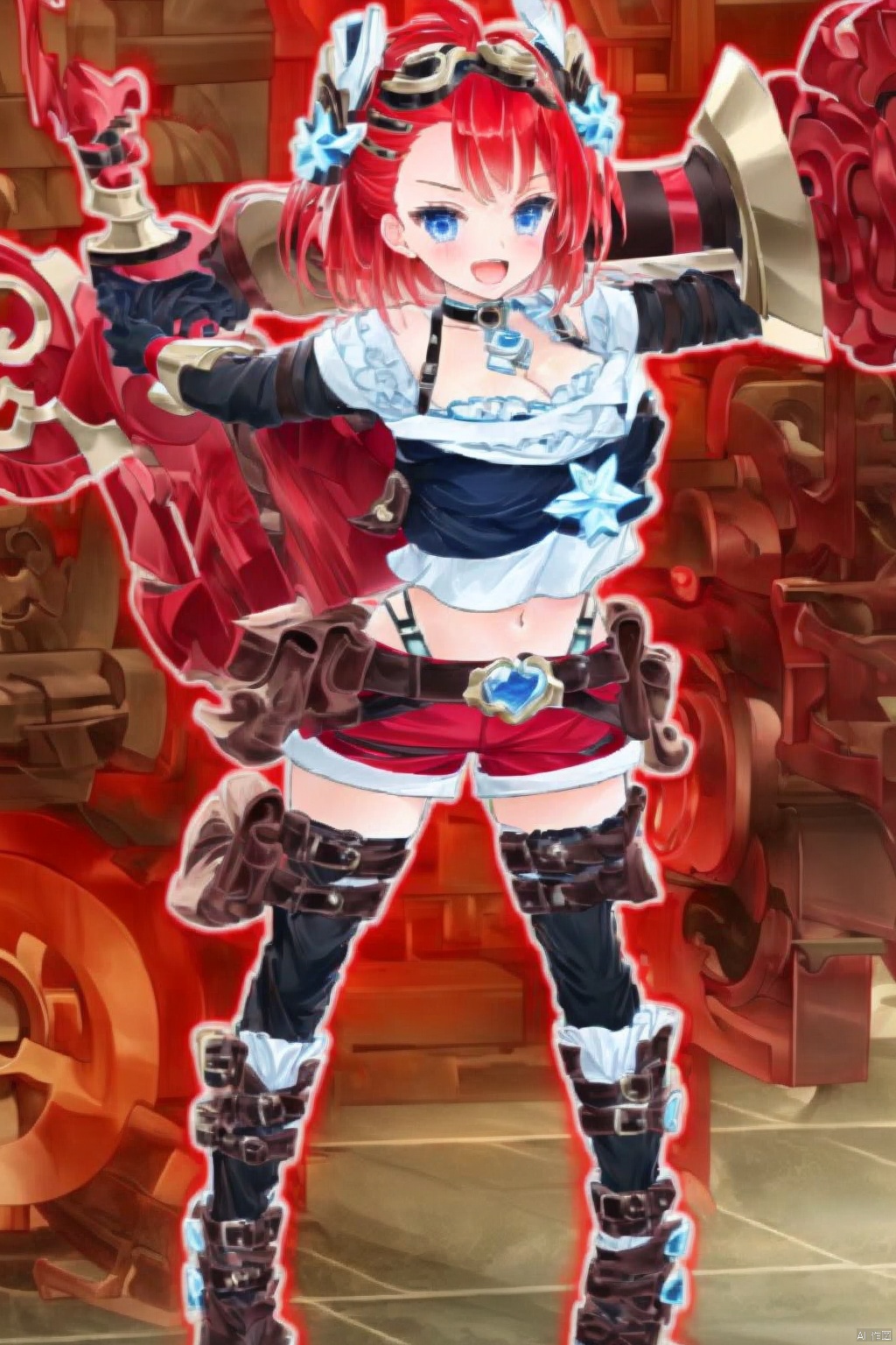 1girl
solo
looking at viewer
smile
short hair
open mouth
blue eyes
shirt
thighhighs
gloves
navel
holding
standing
full body
weapon
:d
red hair
boots
shorts
choker
midriff
belt
indoors
white thighhighs
short shorts
thigh strap
knee boots
goggles
goggles on head
red shorts
huge weapon
hammer
wrench
steampunk