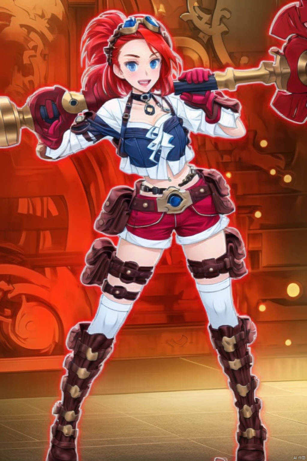 1girl
solo
looking at viewer
smile
short hair
open mouth
blue eyes
shirt
thighhighs
gloves
navel
holding
standing
full body
weapon
:d
red hair
boots
shorts
choker
midriff
belt
indoors
white thighhighs
short shorts
thigh strap
knee boots
goggles
goggles on head
red shorts
huge weapon
hammer
wrench
steampunk
