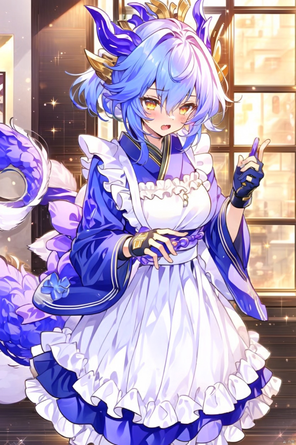 1girl
solo
short hair
open mouth
bangs
gloves
long sleeves
dress
blue hair
standing
tail
full body
yellow eyes
multicolored hair
boots
japanese clothes
horns
fang
indoors
wide sleeves
fingerless gloves
kimono
apron
maid
window
sparkle
surprised
white apron
maid apron
dragon horns
frilled apron
dragon girl
dragon tail
purple gloves
duel monster
wa maid