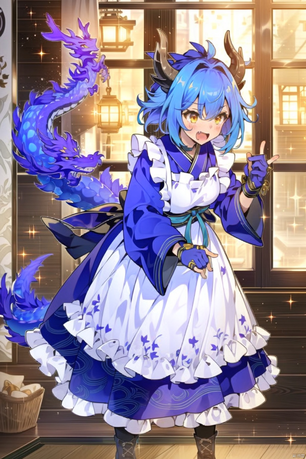 1girl
solo
short hair
open mouth
bangs
gloves
long sleeves
dress
blue hair
standing
tail
full body
yellow eyes
multicolored hair
boots
japanese clothes
horns
fang
indoors
wide sleeves
fingerless gloves
kimono
apron
maid
window
sparkle
surprised
white apron
maid apron
dragon horns
frilled apron
dragon girl
dragon tail
purple gloves
duel monster
wa maid