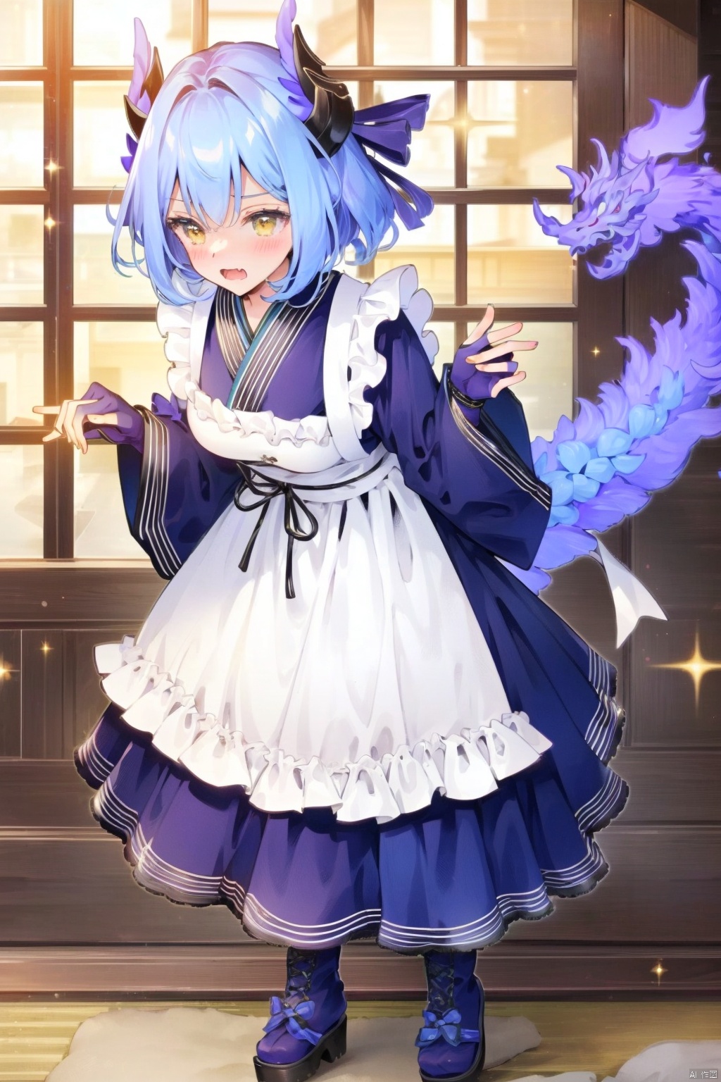 1girl
solo
short hair
open mouth
bangs
gloves
long sleeves
dress
blue hair
standing
tail
full body
yellow eyes
multicolored hair
boots
japanese clothes
horns
fang
indoors
wide sleeves
fingerless gloves
kimono
apron
maid
window
sparkle
surprised
white apron
maid apron
dragon horns
frilled apron
dragon girl
dragon tail
purple gloves
duel monster
wa maid