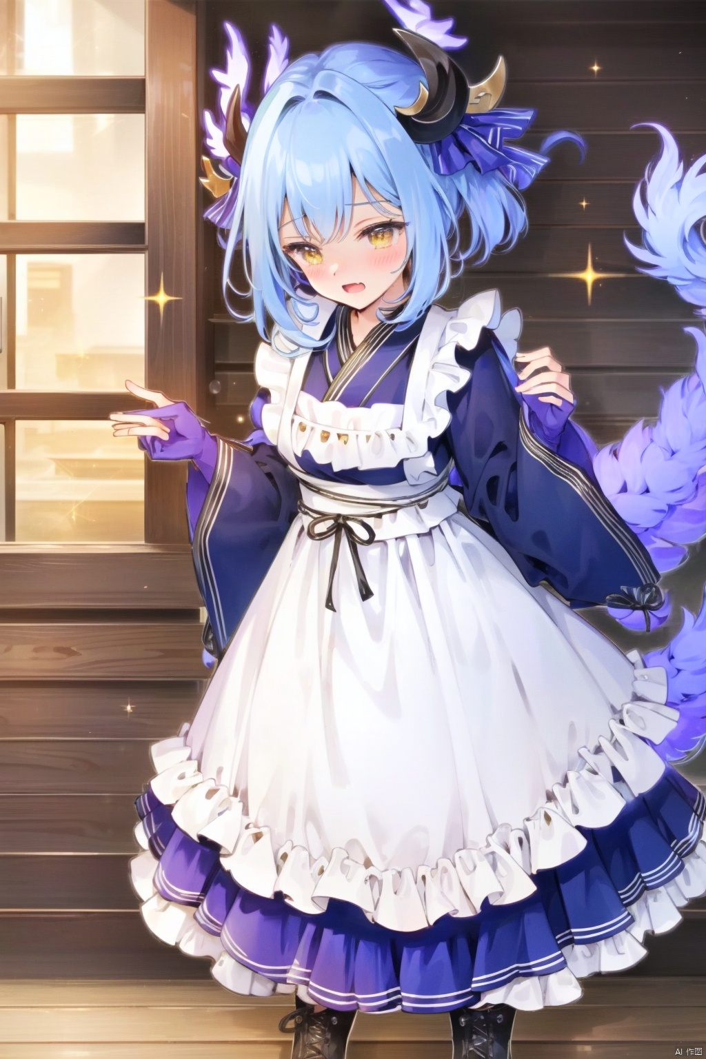 1girl
solo
short hair
open mouth
bangs
gloves
long sleeves
dress
blue hair
standing
tail
full body
yellow eyes
multicolored hair
boots
japanese clothes
horns
fang
indoors
wide sleeves
fingerless gloves
kimono
apron
maid
window
sparkle
surprised
white apron
maid apron
dragon horns
frilled apron
dragon girl
dragon tail
purple gloves
duel monster
wa maid