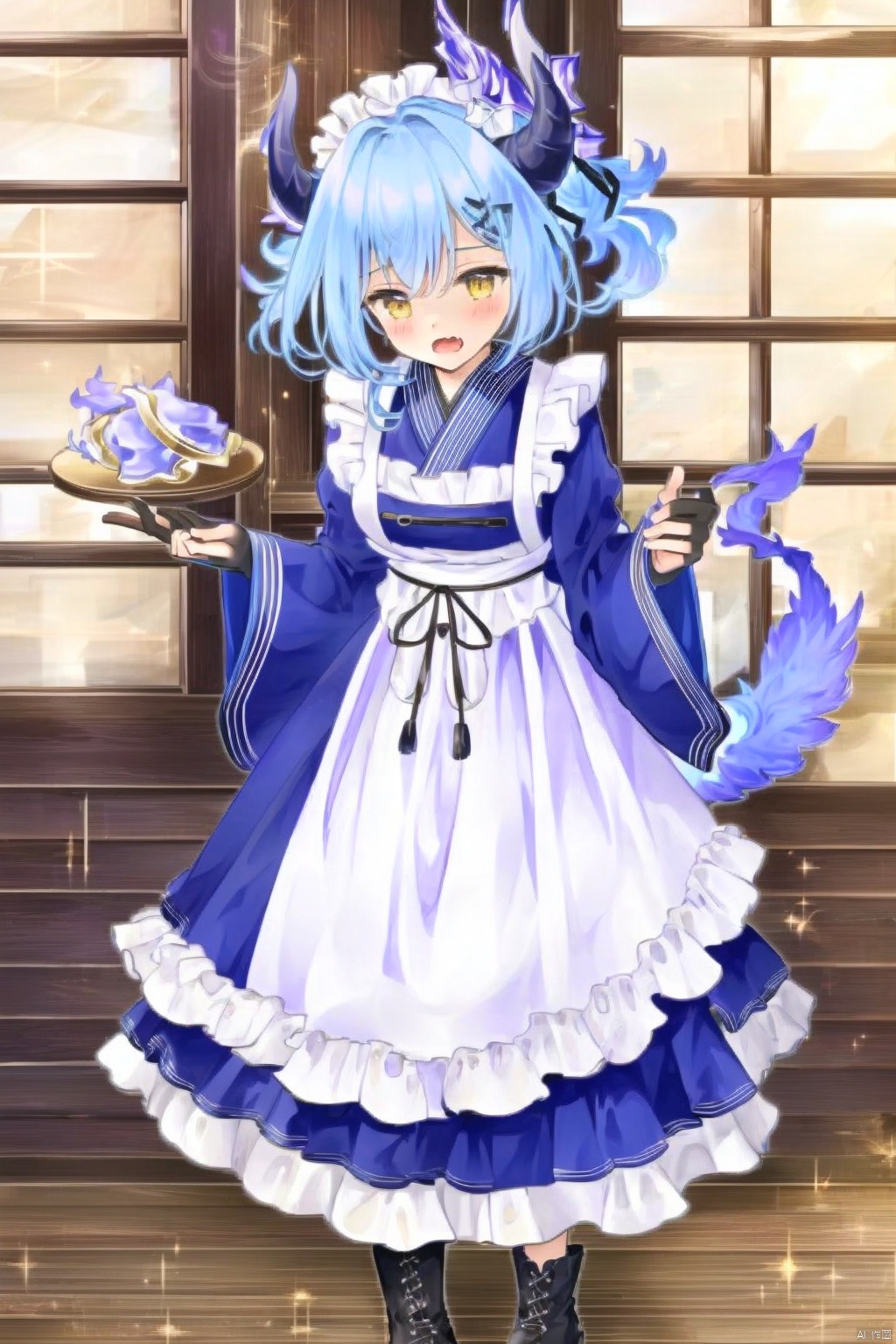1girl
solo
short hair
open mouth
bangs
gloves
long sleeves
dress
blue hair
standing
tail
full body
yellow eyes
multicolored hair
boots
japanese clothes
horns
fang
indoors
wide sleeves
fingerless gloves
kimono
apron
maid
window
sparkle
surprised
white apron
maid apron
dragon horns
frilled apron
dragon girl
dragon tail
purple gloves
duel monster
wa maid