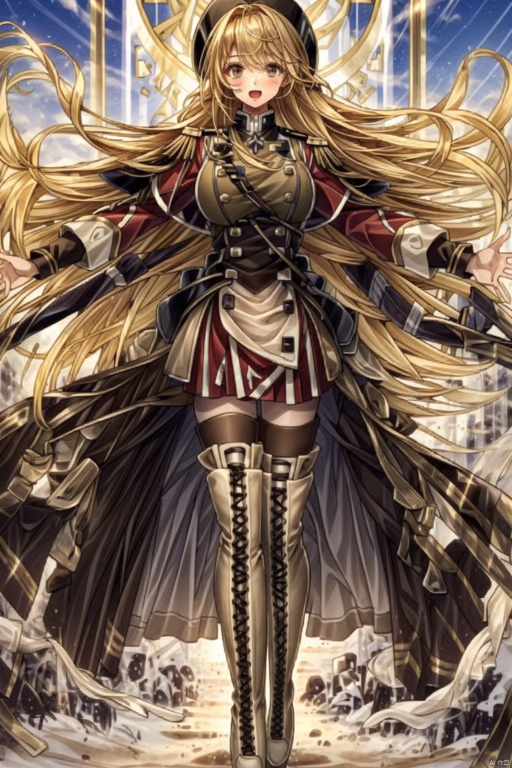 1girl solo long hair smile open mouth skirt blonde hair thighhighs brown eyes pantyhose boots uniform military military uniform thigh boots outstretched arms cross-laced footwear lace-up boots