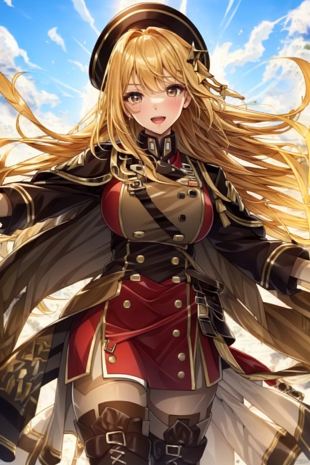 1girl solo long hair smile open mouth skirt blonde hair thighhighs brown eyes pantyhose boots uniform military military uniform thigh boots outstretched arms cross-laced footwear lace-up boots