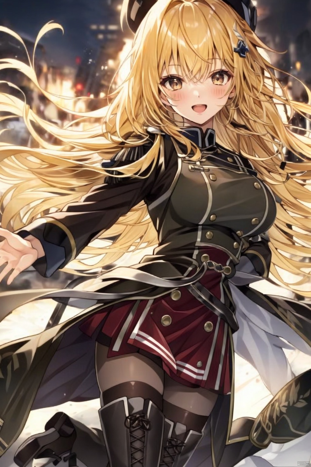 1girl solo long hair smile open mouth skirt blonde hair thighhighs brown eyes pantyhose boots uniform military military uniform thigh boots outstretched arms cross-laced footwear lace-up boots