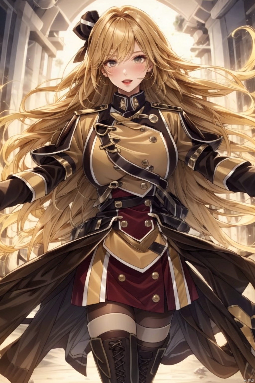 1girl solo long hair smile open mouth skirt blonde hair thighhighs brown eyes pantyhose boots uniform military military uniform thigh boots outstretched arms cross-laced footwear lace-up boots