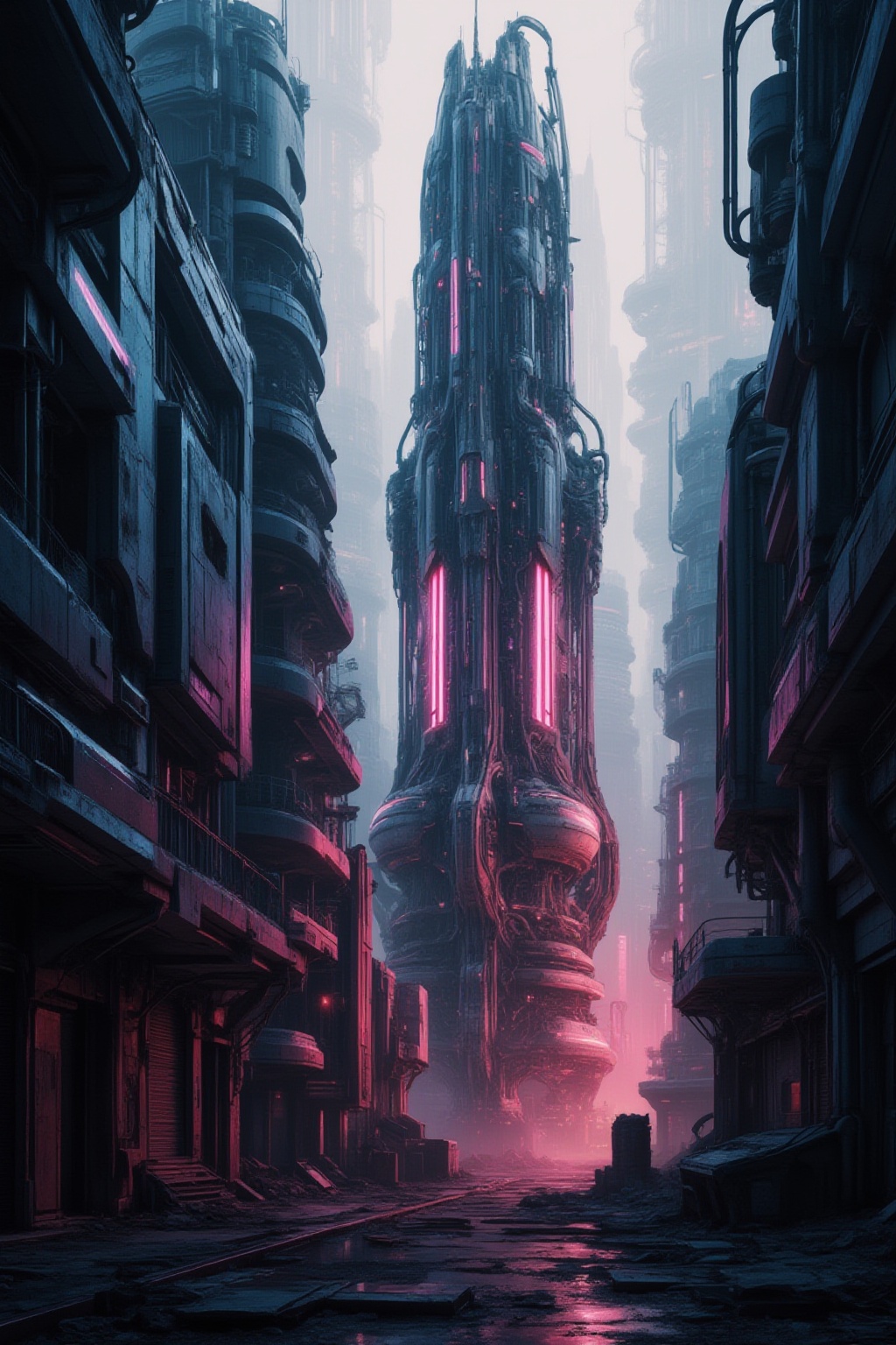 A neon-drenched metropolis of tomorrow: a cyberpunk cityscape where towering skyscrapers pierce the smog-filled sky,  thei...