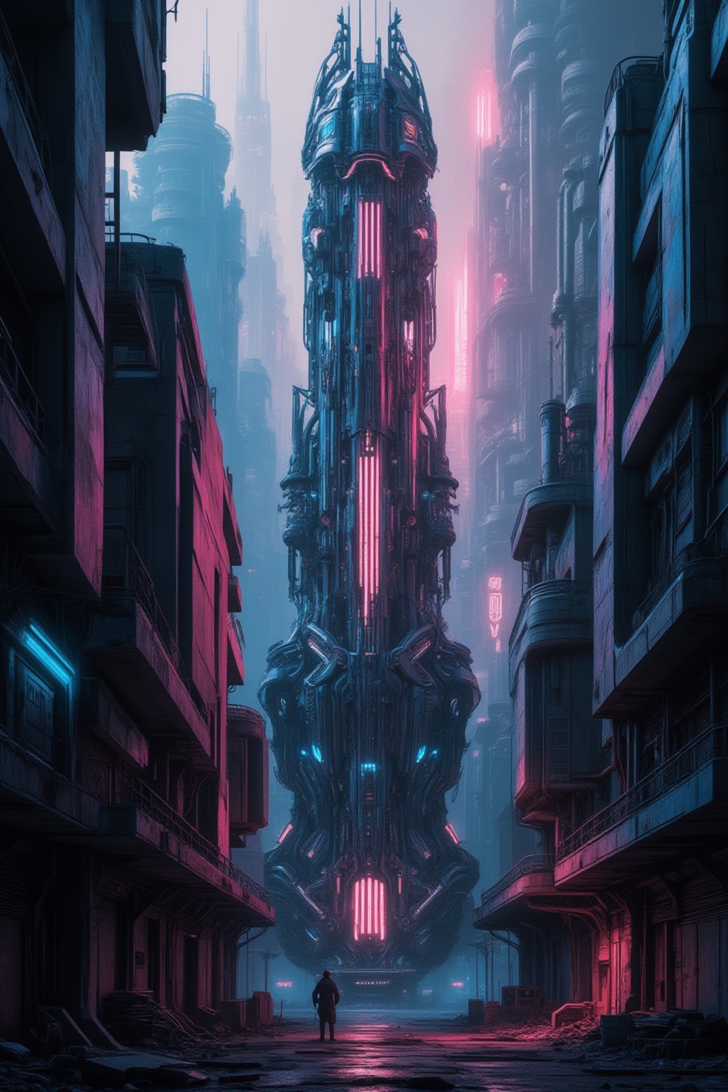 A neon-drenched metropolis of tomorrow: a cyberpunk cityscape where towering skyscrapers pierce the smog-filled sky,  thei...