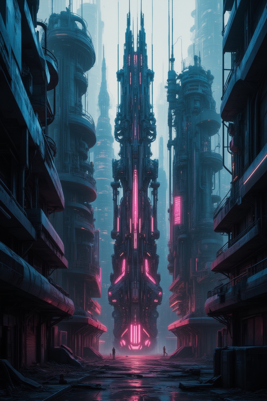 A neon-drenched metropolis of tomorrow: a cyberpunk cityscape where towering skyscrapers pierce the smog-filled sky,  thei...