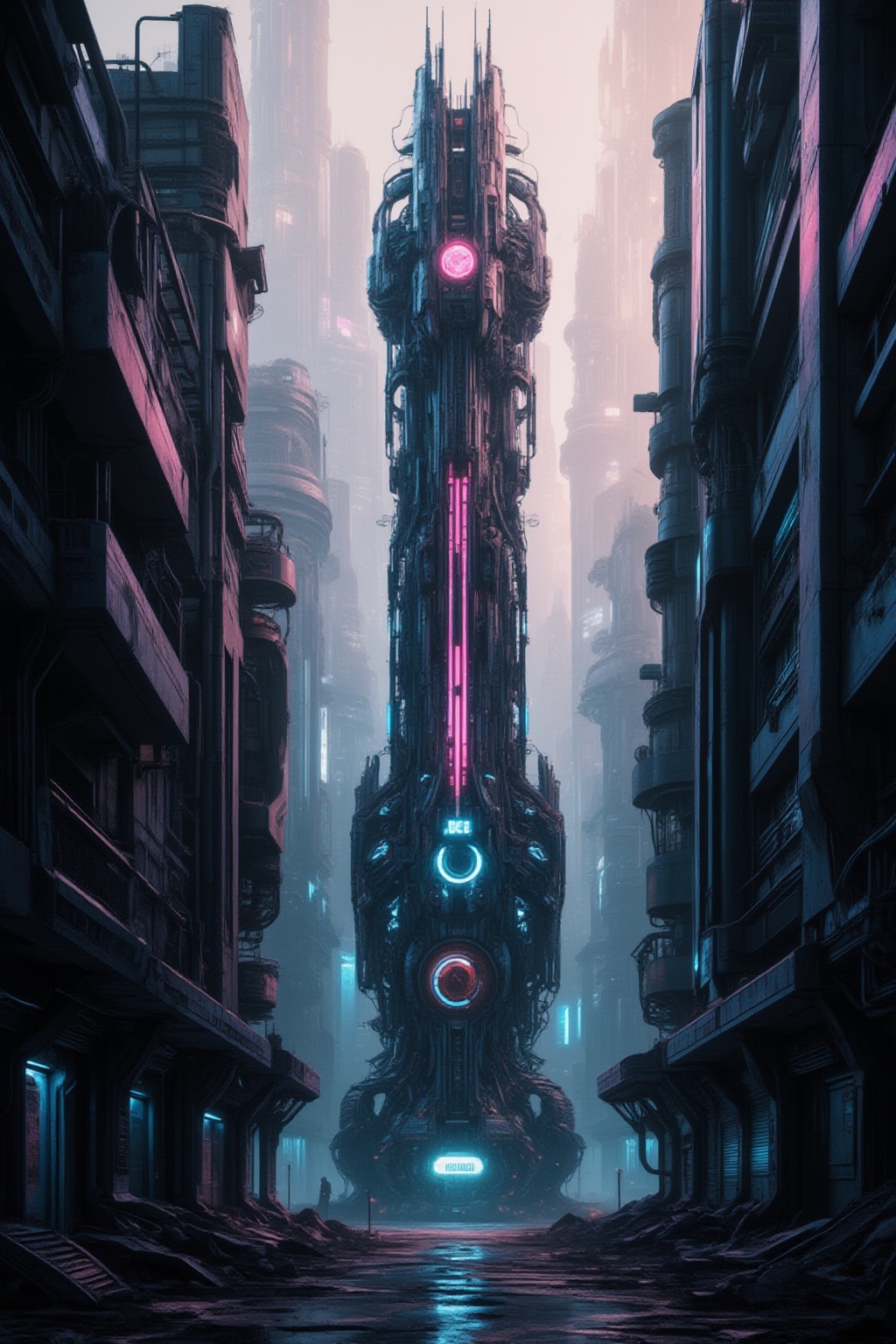 A neon-drenched metropolis of tomorrow: a cyberpunk cityscape where towering skyscrapers pierce the smog-filled sky,  thei...