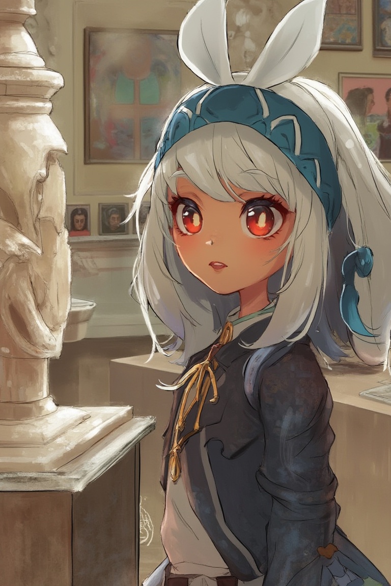 Mualani,  with her white hair and red eyes,  wears a blue bandana and stylish overcoat on Tensor.Art