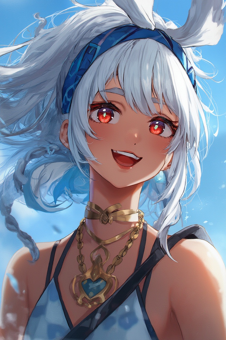 A realistic portrait of Mualani,  with flowing white hair and striking red eyes,  adorned with a blue bandana that contras...