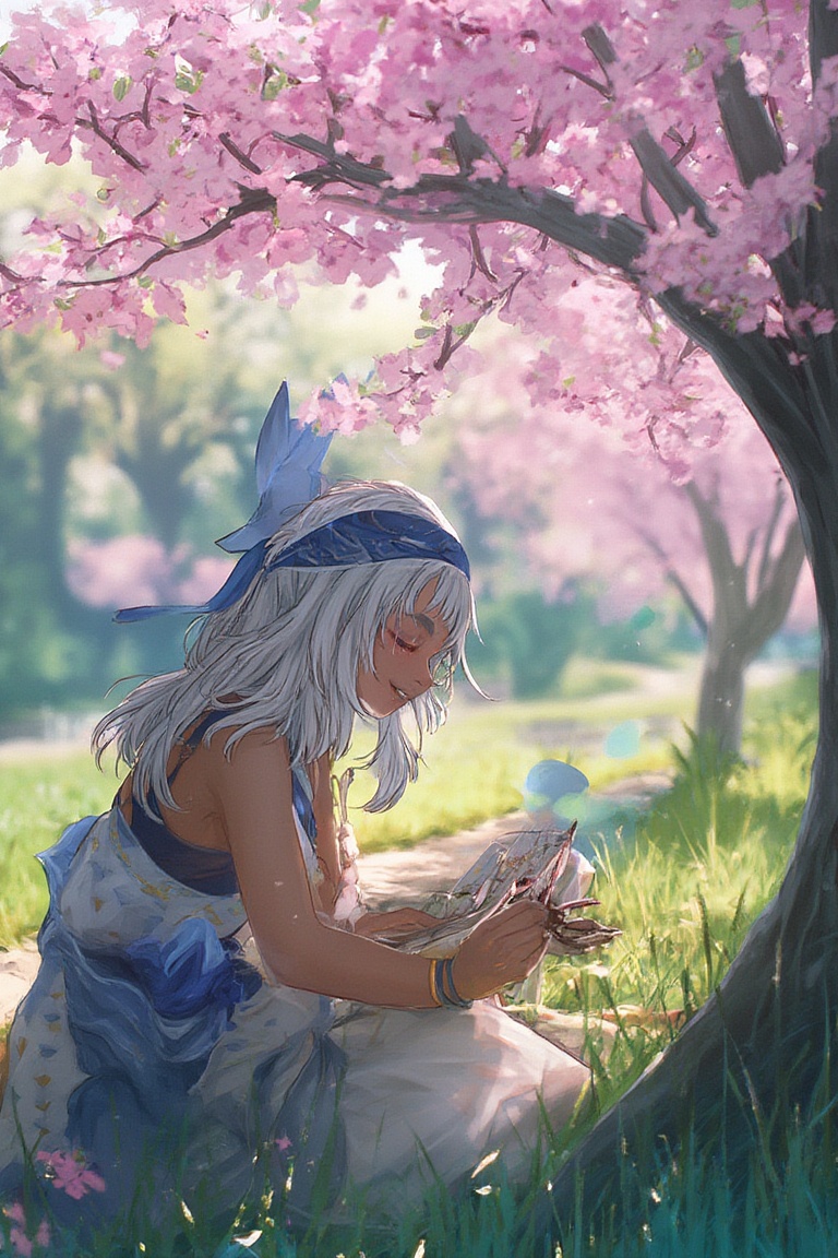 Mualani,  wearing her blue bandana and a flowing dress,  sketches in a picturesque park on Tensor.Art