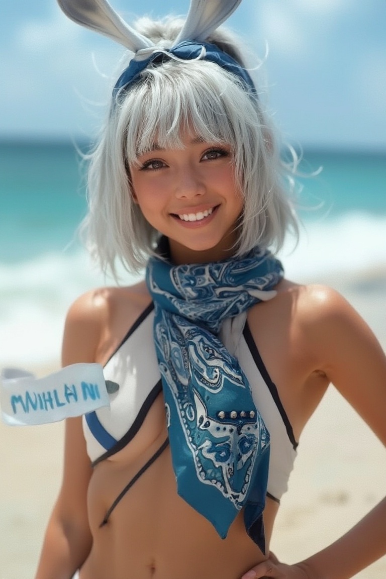 full body shot of beautiful japanese mualani,  white hair,  blue bandana on Tensor.Art