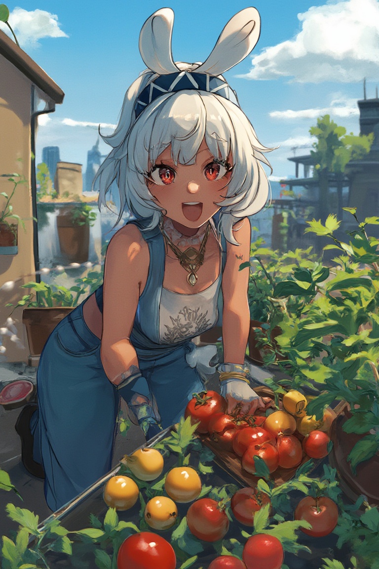 Mualani,  with her white hair and red eyes,  dons a blue bandana and overalls on Tensor.Art