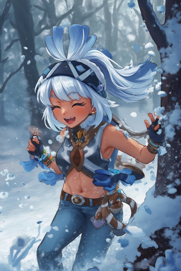 Mualani,  with her blue bandana and casual jeans,  enjoys a playful snowball fight in a wintry forest on Tensor.Art