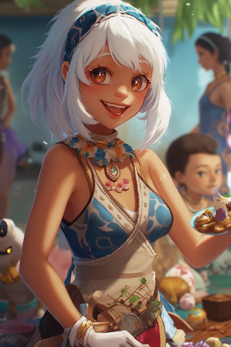 Mualani,  in her blue bandana and a chic apron,  hosts a lively indoor picnic with friends on Tensor.Art