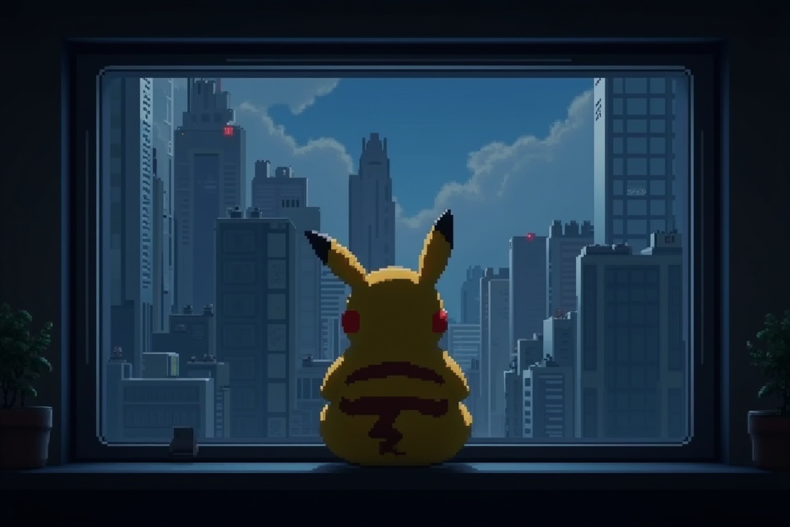 pixel art,  perfect detailed,  pikachu sitting by the koukaku window on Tensor.Art