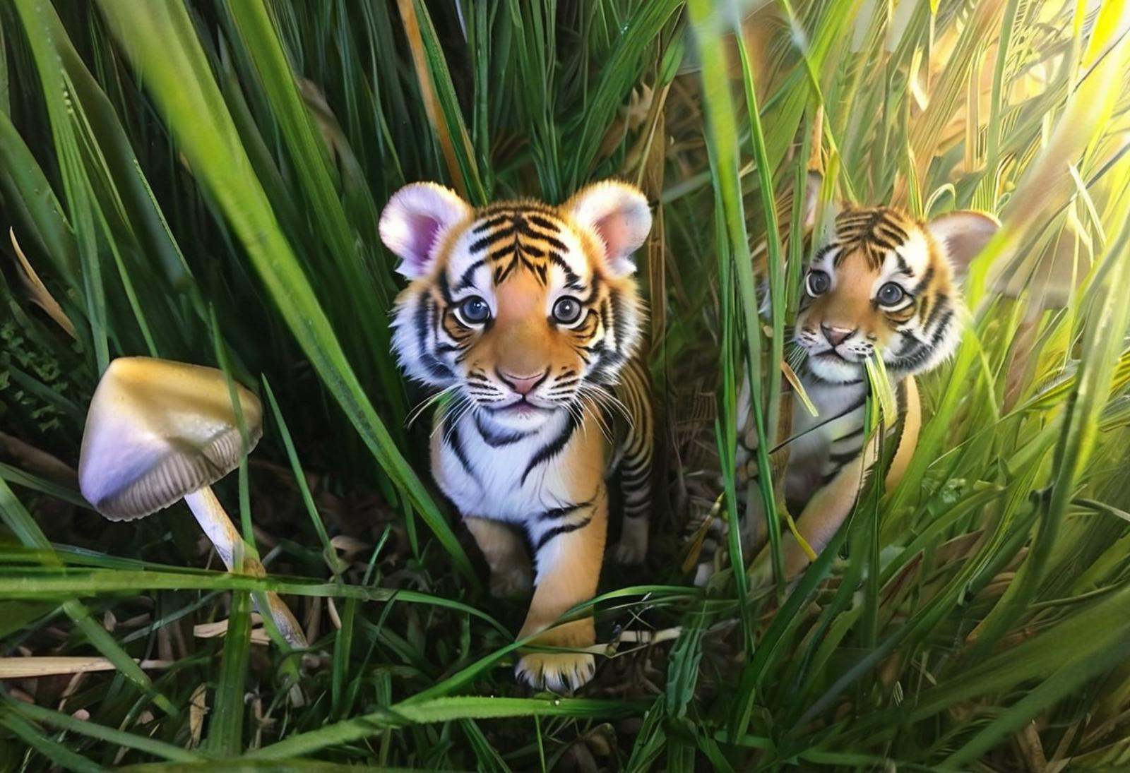 photo of small cute tigers playing in long grass,  detailed eyes,  detailed face on Tensor.Art