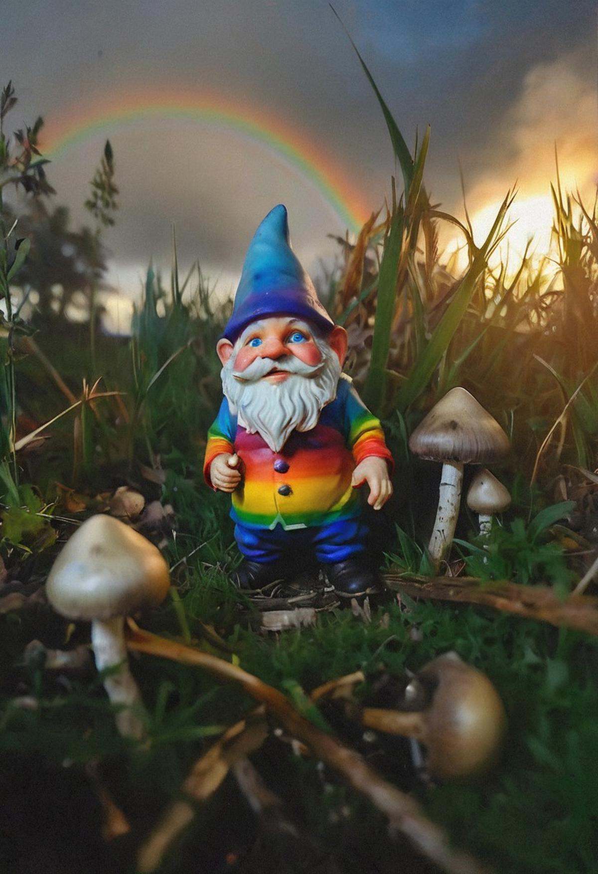 cinematic photography of a ((rainbow colored)) garden gnome surrounded by dark-grasshrooms,  the sky is ablaze with colorf...