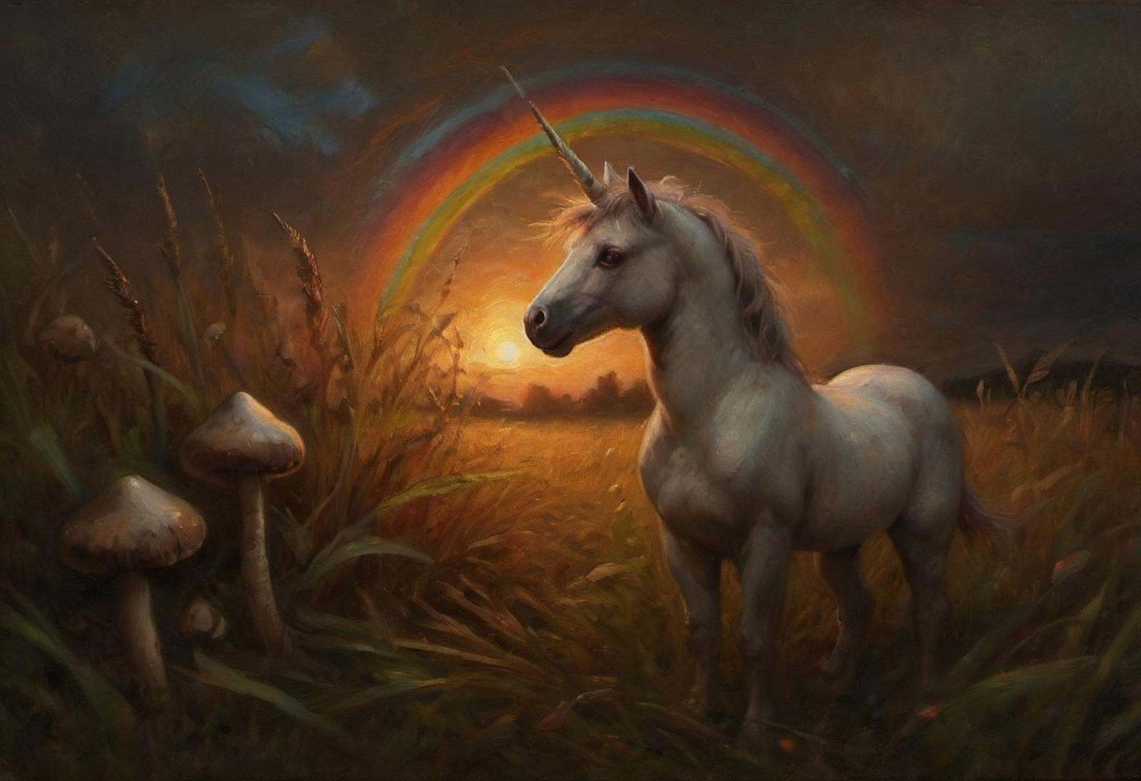 a painting of a very small unicorn surrounded by dark-grasshrooms,  long grass,  the sunset sky is ablaze with colorful ((...