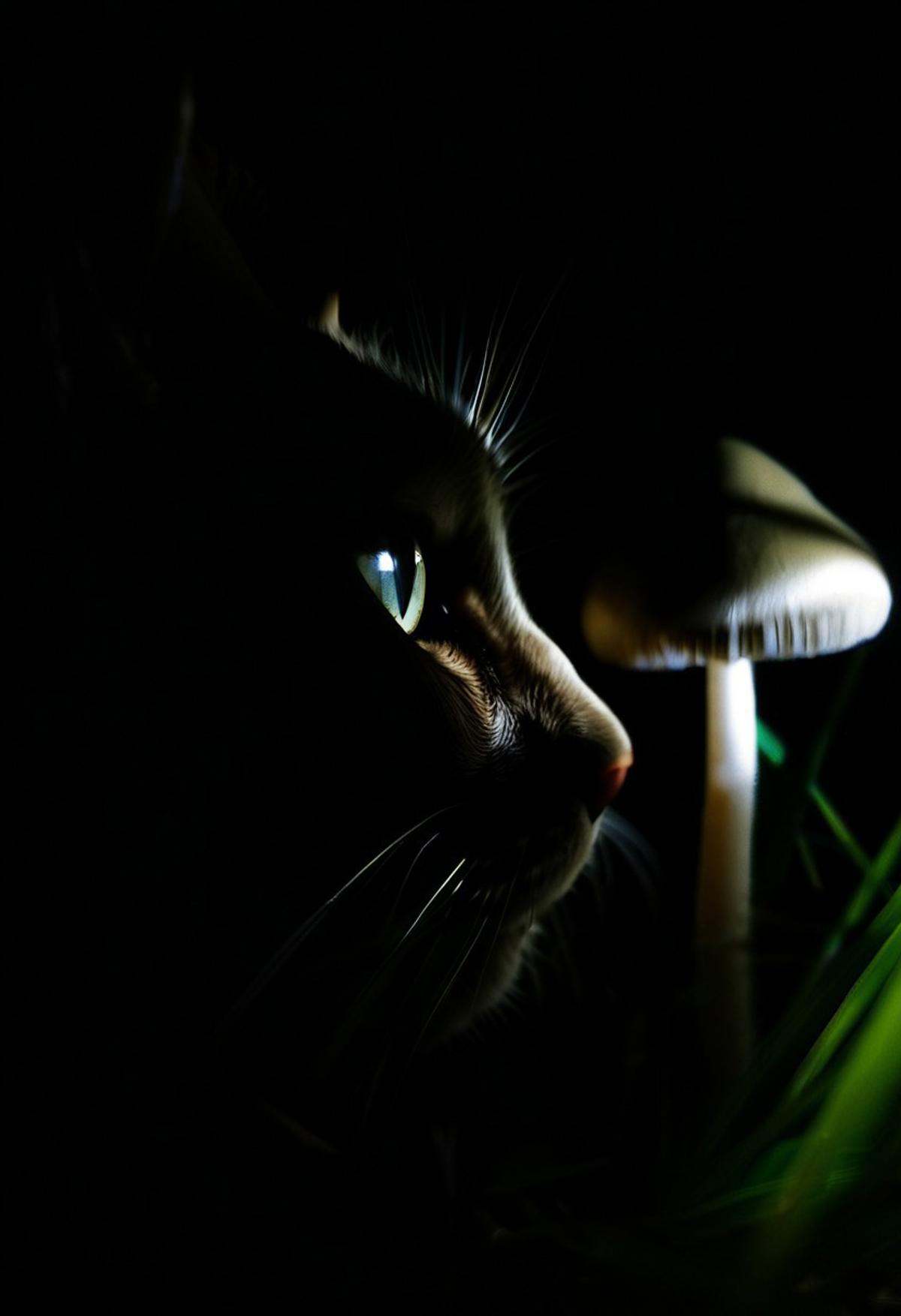 dark-grasshrooms,  side profile of cat head,  mushrooms on Tensor.Art