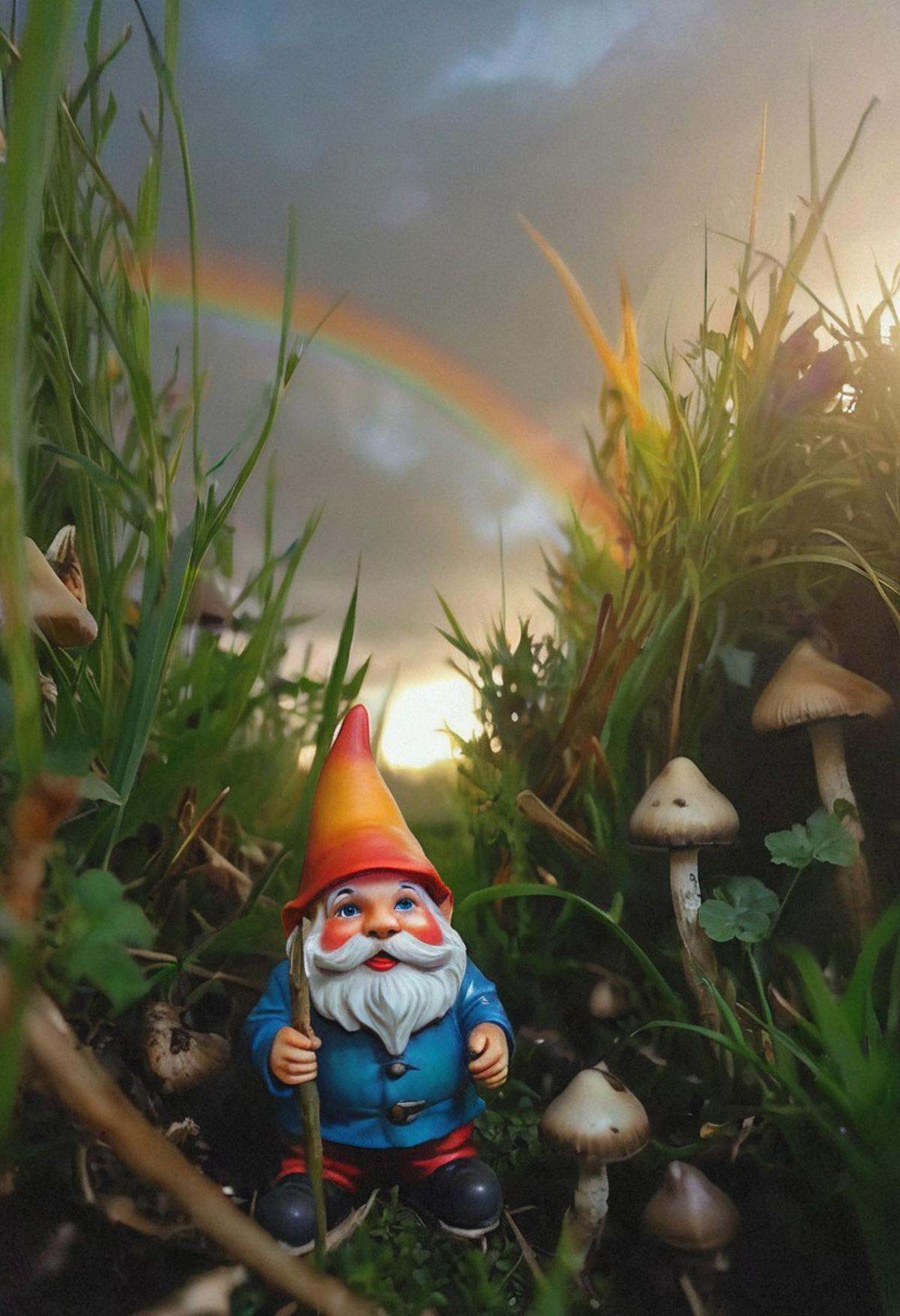 cinematic photography of a rainbow colored garden gnome surrounded by dark-grasshrooms,  the sky is ablaze with colorful s...