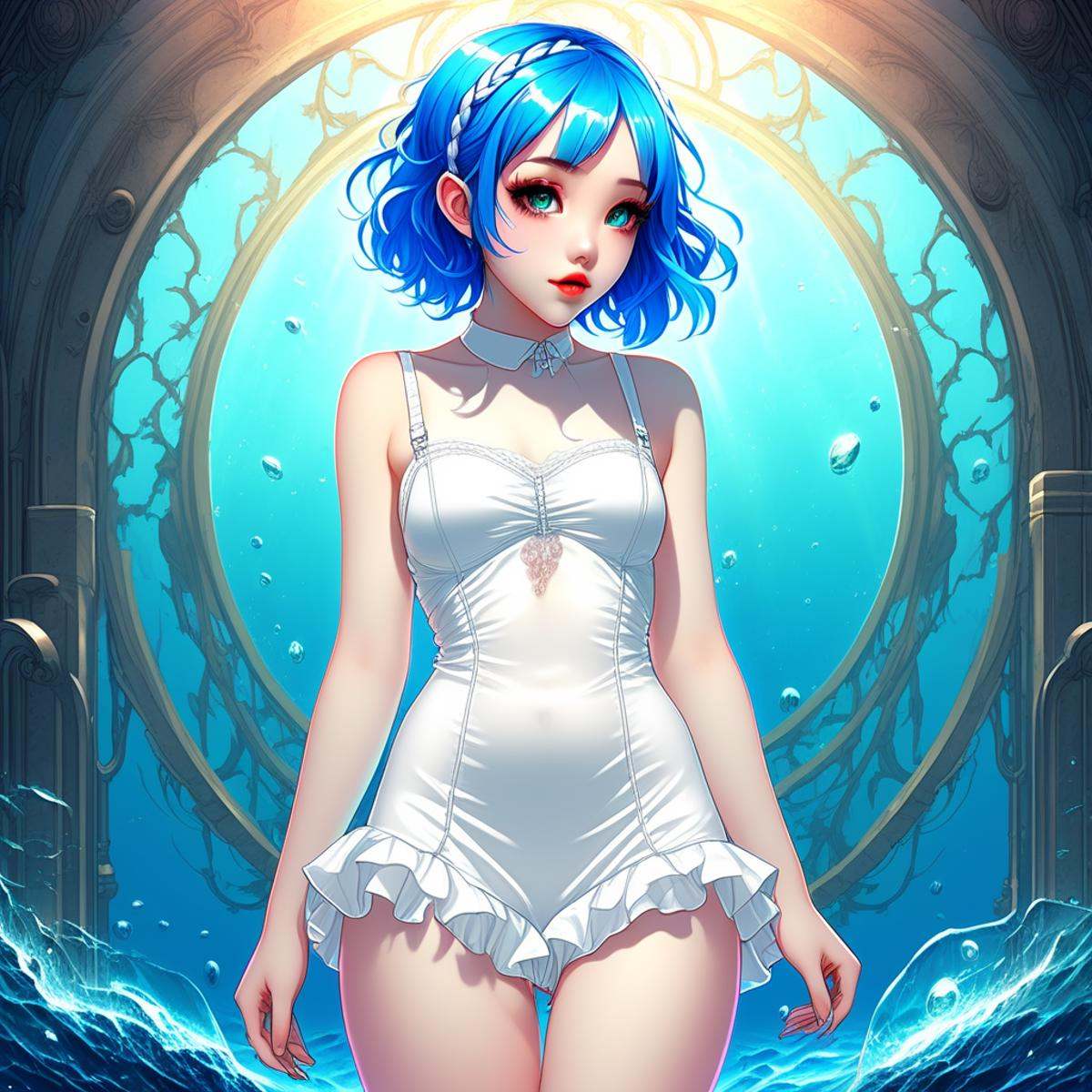 midriff,  blue hair,  outline on Tensor.Art