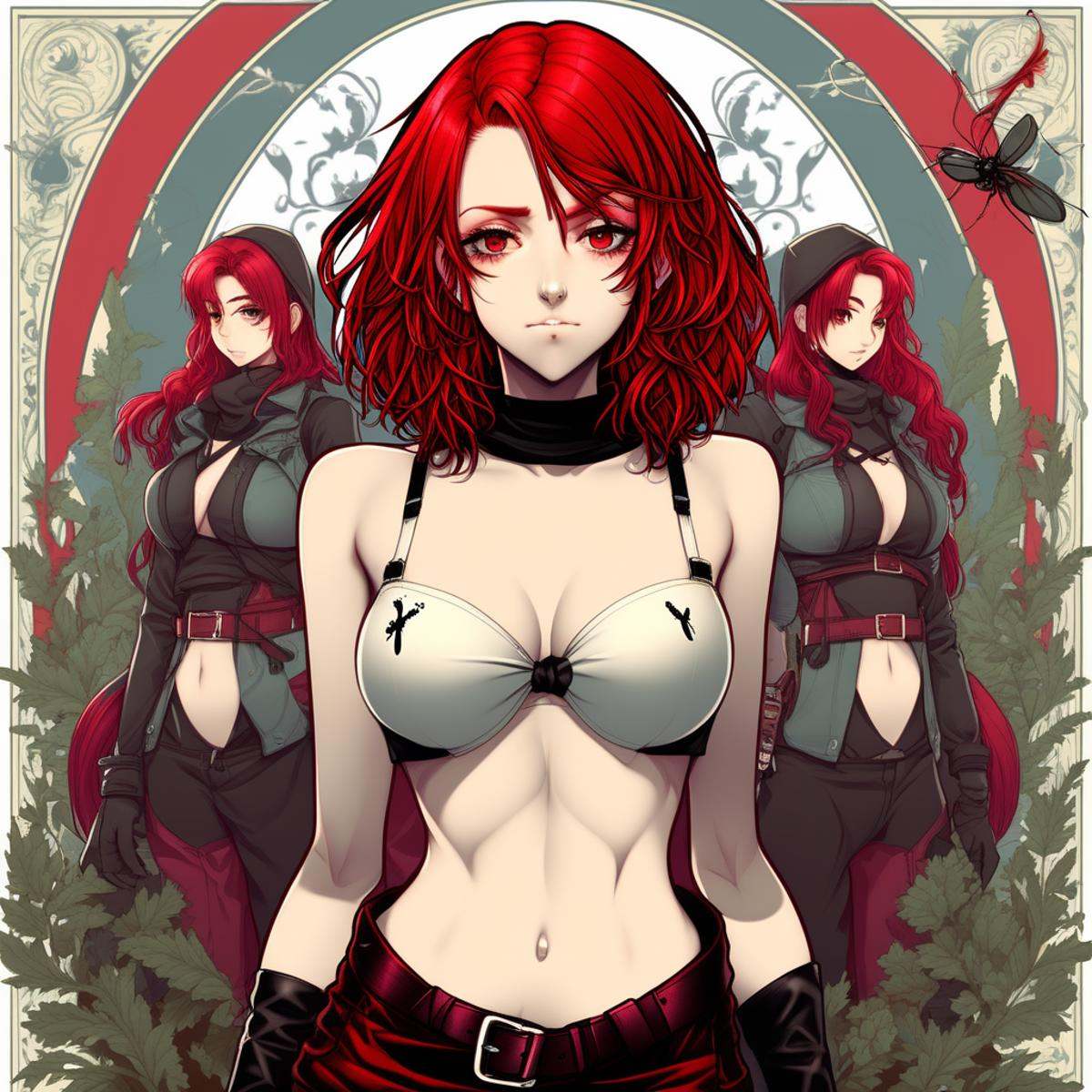 midriff,  red hair,  gloves on Tensor.Art