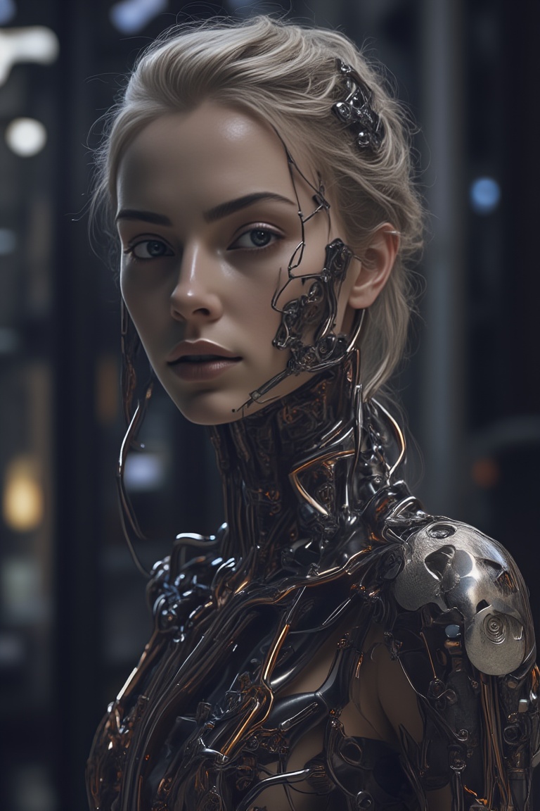 1girl,solo, cyborg style, cyborg, wire, cable, android, mechanical body part, hd, looking_at_viewer