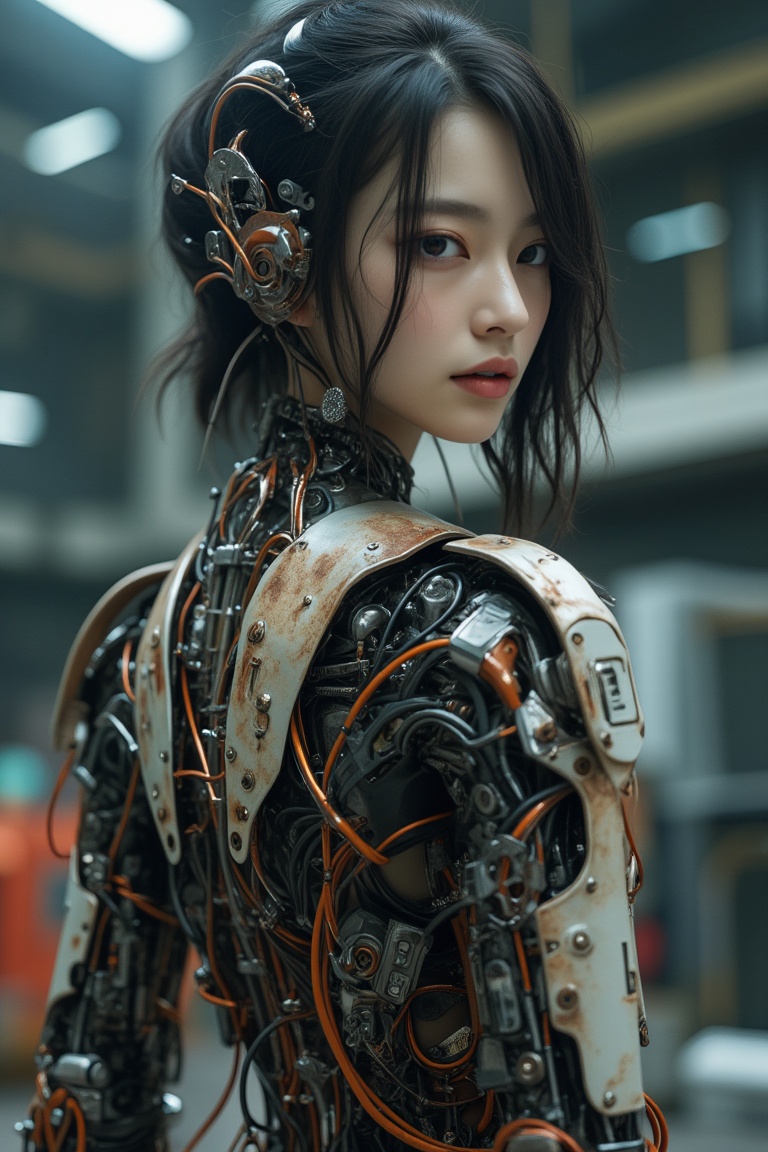 1girl,solo, cyborg style, cyborg, wire, cable, android, mechanical body part, hd, looking_at_viewer