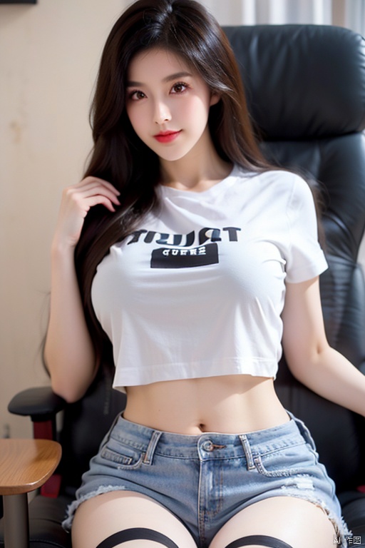 1girl
solo
long hair
looking at viewer
smile
shirt
black hair
thighhighs
navel
brown eyes
sitting
white shirt
shorts
midriff
black thighhighs
indoors
crop top
short shorts
chair
denim
denim shorts
realistic