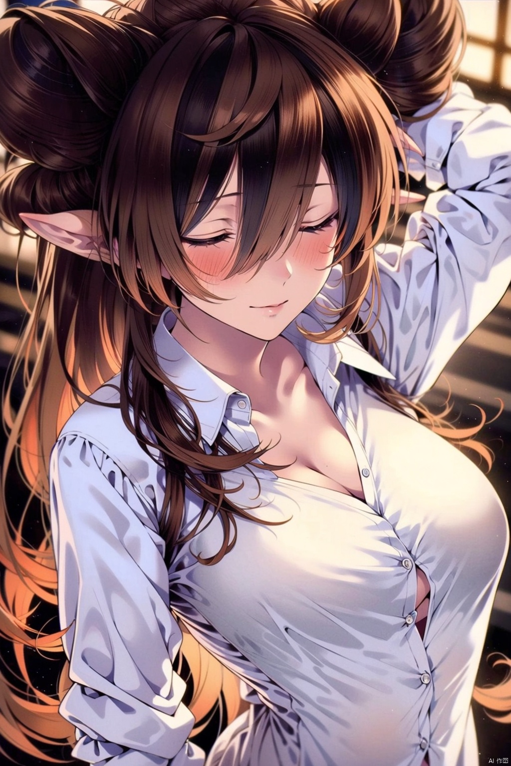 1girl solo long hair breasts blush smile bangs large breasts brown hair shirt long sleeves animal ears cleavage hair between eyes very long hair closed mouth collarbone closed eyes white shirt multicolored hair horns pointy ears collared shirt arms up streaked hair cover extra ears partially unbuttoned button gap