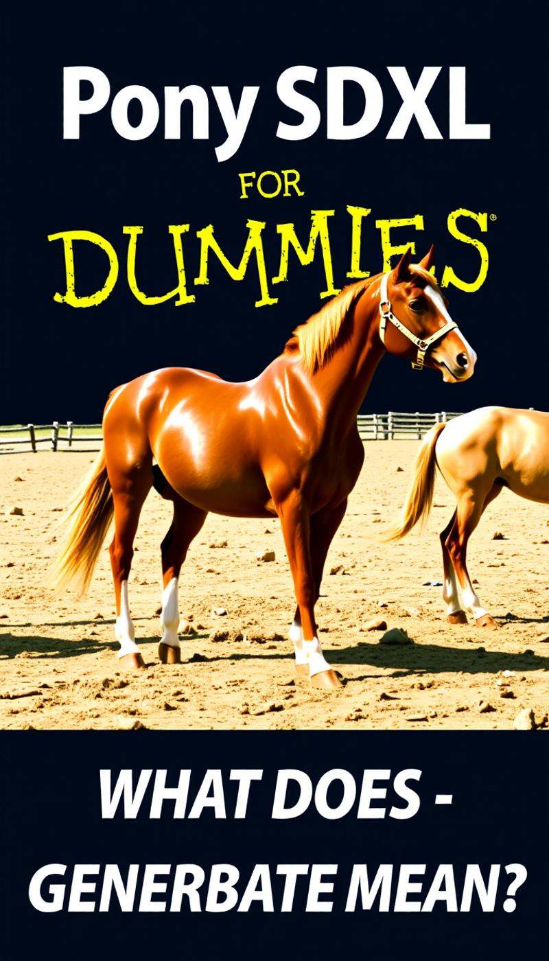 PONY SDXL FOR DUMMIES BOOK COVER,  TEXT ON THE BOTTOM THAT SAYS "WHAT DOES GENERBATE MEAN?" on Tensor.Art