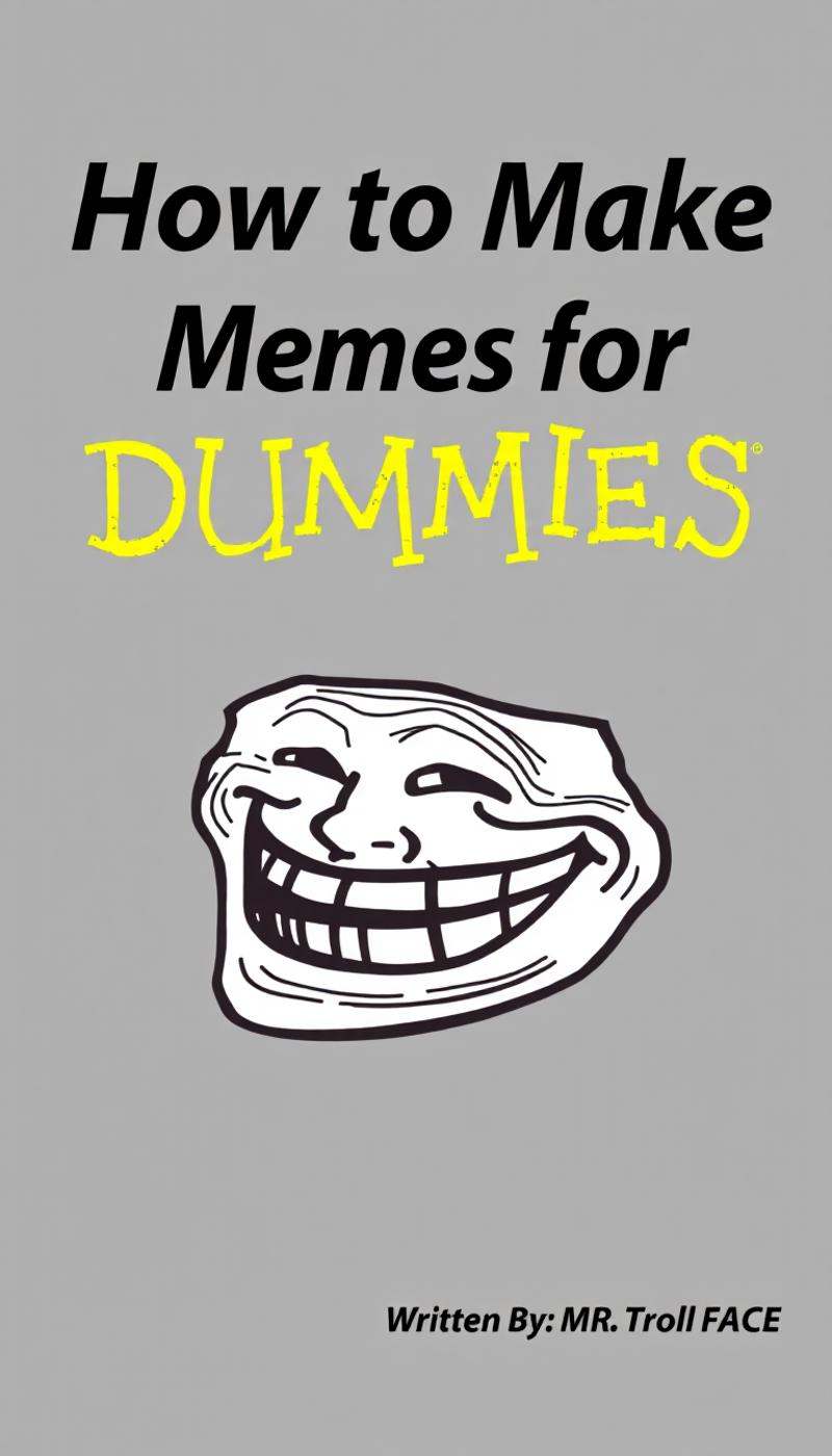 HOW TO MAKE MEMES FOR DUMMIES BOOK COVER,  TROLL FACE MEME,  WRITTEN BY: MR. TROLL FACE on Tensor.Art