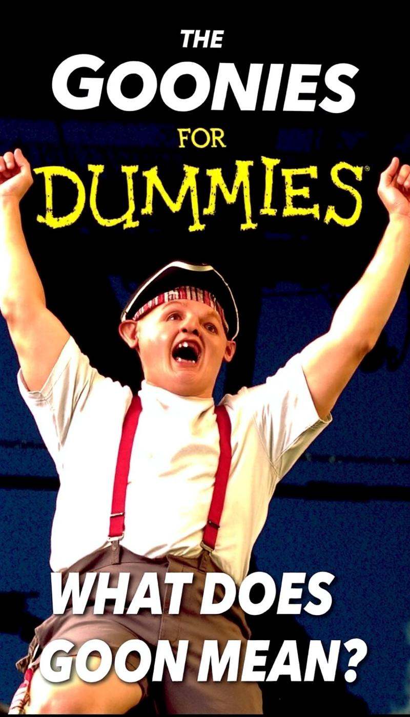 THE GOONIES FOR DUMMIES BOOK COVER,  TEXT ON THE BOTTOM THAT SAYS "WHAT DOES GOON MEAN?",  sloth on Tensor.Art