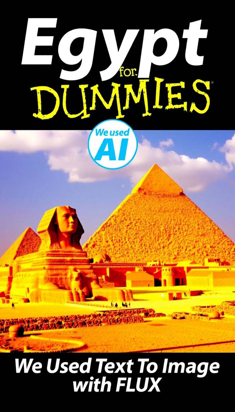 EGYPT FOR DUMMIES BOOK COVER,  PYRAMIDS,  TEXT ON MIDDLE THAT SAYS"WE USED AI IMAGES." on Tensor.Art